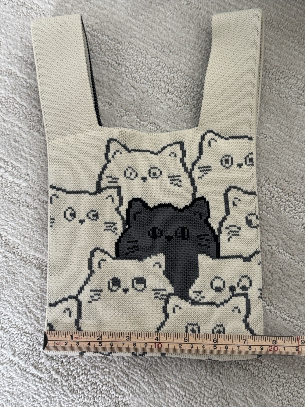 Cute Knit Cat Tote Bag Black & Cream Kitty Pattern Shoulder Bag Kawaii Coquette - Picture 2 of 5